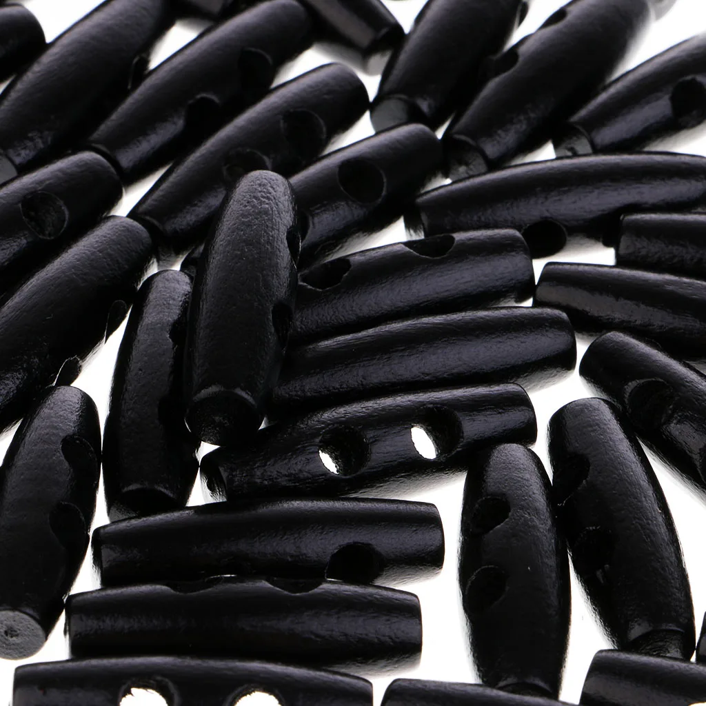 50Pcs Wood Sewing Horn Toggle Buttons Cloth Accessories 2 Holes Black