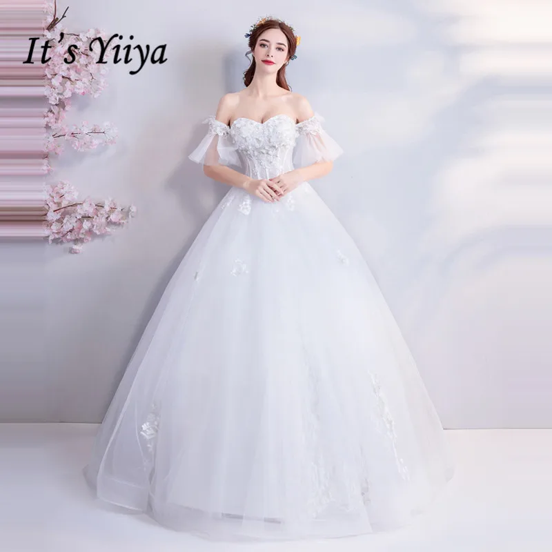 

It's YiiYa Wedding Dress Flowers Beading Luxury Brides Dresses Illusion Appliques Boat Neck White Lace wedding ball gown E195