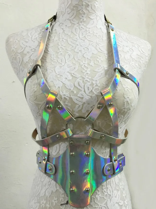 Подвязка в готическом стиле воротник жгут, блестящий серебряный съемный регулируемый сексуальный жгут тела с кожаными ремешками - Цвет: Silvery white
