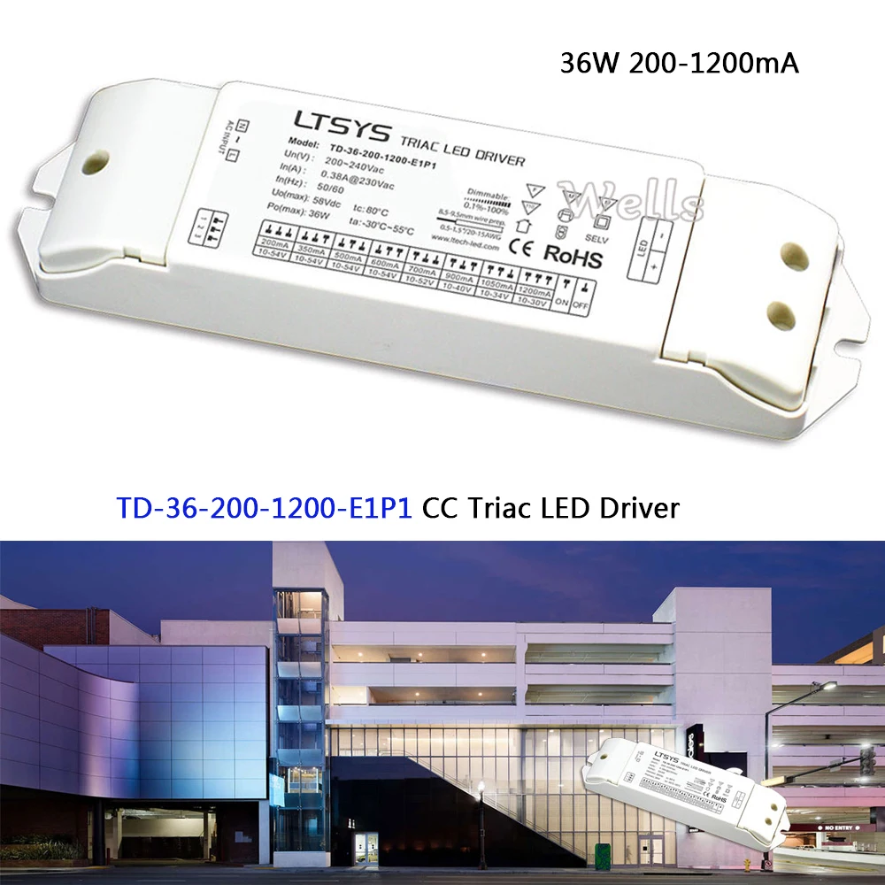 

New TD-36-200-1200-E1P1 intelligent Triac Dimmable LED Driver;36W 200-1200mA 200-240VAC Input CC Triac Driver