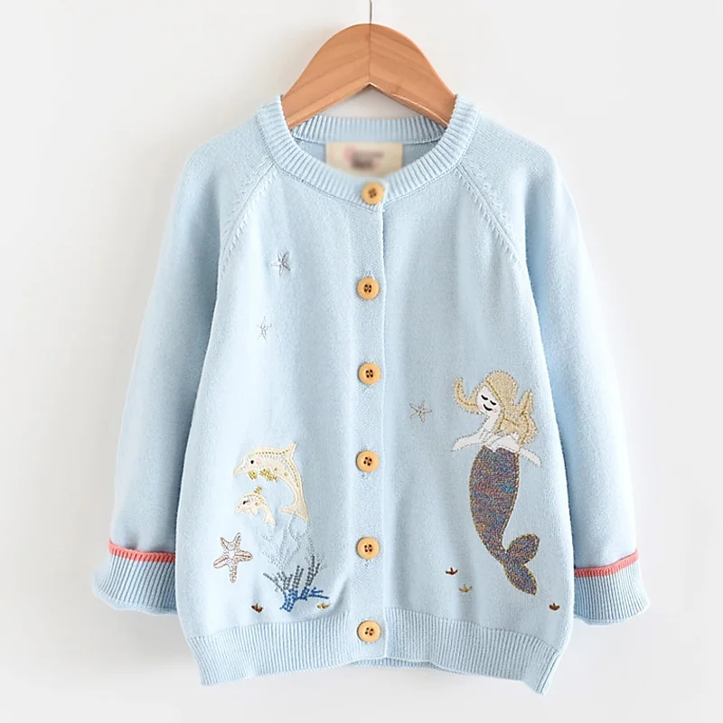 

Girls Coat 2019 Spring New Children's Clothing Girls Casual Cute Mermaid Pattern Single-Breasted Long-Sleeved Soft Knit Jacket