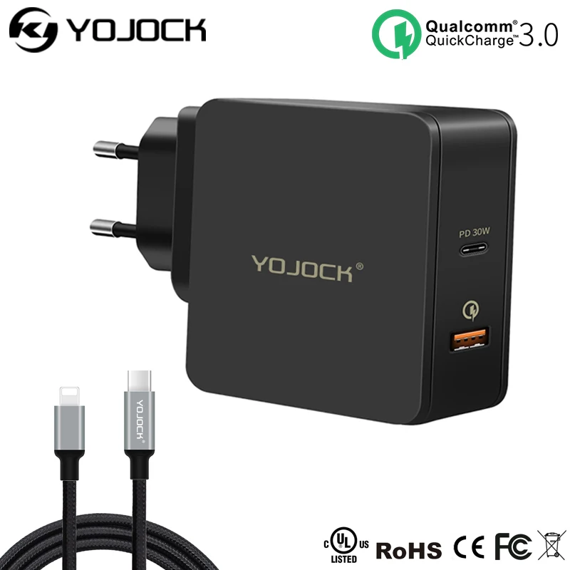 Yojock 48W USB PD Charger Fast Charger Type C Power Delivery Quick Charge 3.0 Adapter Travel Wall Chargers for iPhone X Xiaomi