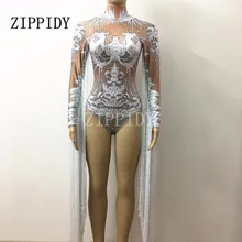 Белый кисточкой трико с кристаллами женские стрейч Боди Наряд Bling с длинными рукавами кисточкой ночной клуб блестящий костюм Одежда для танцев