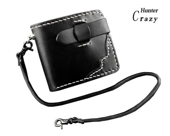 

High Quality Mens Bifold Snap Black Biker Leather Short Wallet Purse With Chain