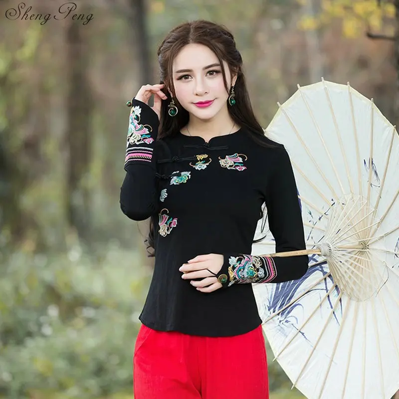 Cheongsam Топ Традиционный китайский костюм для женщин рубашка с длинными рукавами хлопок винтажная одежда Топ И Блузка V1452