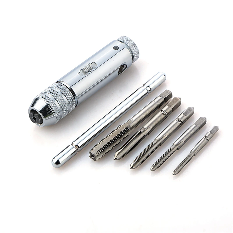 

High Quality T-Handle Ratchet Tap Wrench with 5pcs M3-M8 Durable 3-8mm Machine Screw Thread Metric Plug Tap Machinist Hand Tool