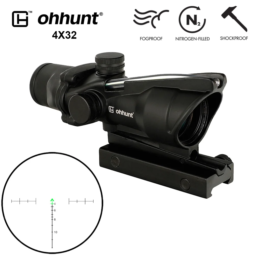 Ohhunt Охота 4X32 ACOG реальный оптоволоконный прицел BDC шеврон Подкова Сетка тактические оптические прицелы для cal. 223. 308 печать логотипа - Цвет: Reticle No.2 Green