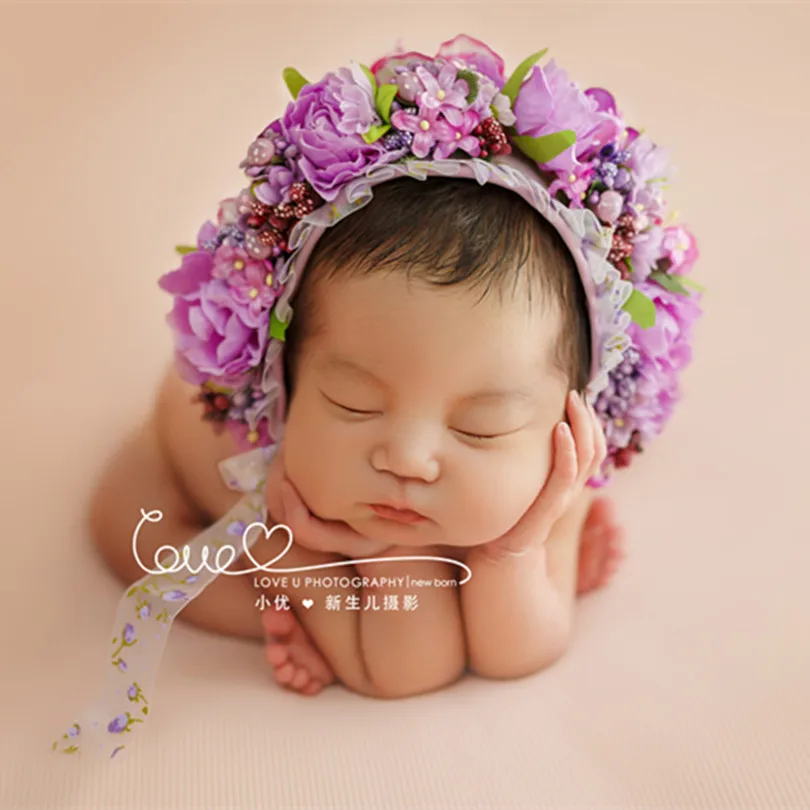 Handmade Lilac Baby Girl Flower Bonnet Lovely Flora for Newborn Photography Props Infant Hat Ruffle | Детская одежда и обувь