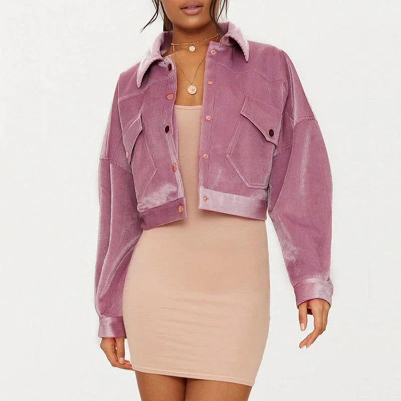 

Female pink corduroy jacket short paragraph women's casual loose blouse students High street Vintage Basic Jackets QT01