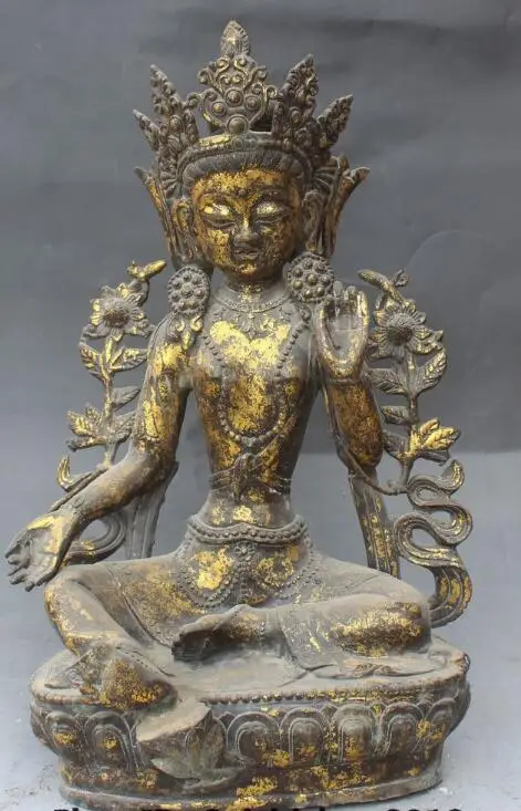 

S4833 Old 17" Chinese Tibet Buddhism Bronze Gilt Green Tara Godness Buddha Statue