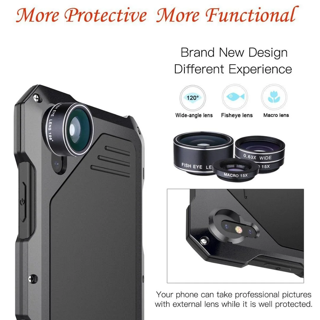 Phone Case For iPhone X XS Max XR Waterproof Shockproof Metal Case Cover+3 Camera Lens Capa For iphone 7 8 plus 6 6S plus Fundas