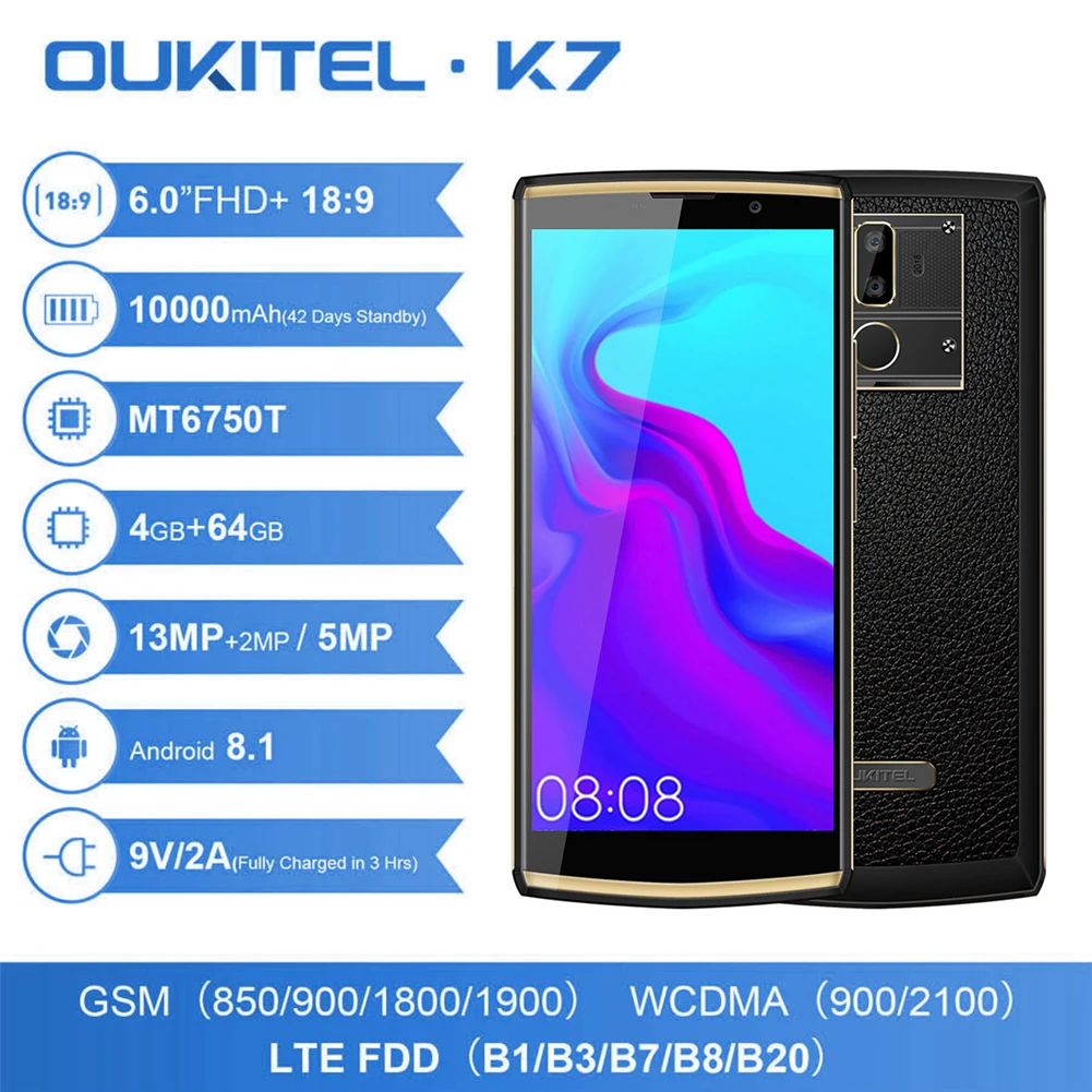 Oukitel K7 18:9 كامل عرض 6.0 ''fhd 4 gb Ram 64 gb Rom Mt6750t الثماني النواة 13mp + 5mp 10000 mah 9 v/2a بصمة الهاتف المحمول Oukitel K7 18:9 كامل عرض 6.0 ''fhd 4 gb Ram 64 gb Rom Mt6750t الثماني النواة 13mp + 5mp 10000 mah 9 v/2a بصمة الهاتف المحمول
