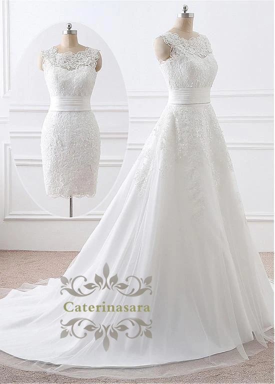 2 in 1 Removable Skirt Wedding Dresses A Line Skirt and Lace Appliques Bride Gowns Short or Long Train for Bride Wedding Wear 2 in 1 Removable Skirt Wedding Dresses A Line Skirt and Lace Appliques Bride Gowns Short or Long Train for Bride Wedding Wear