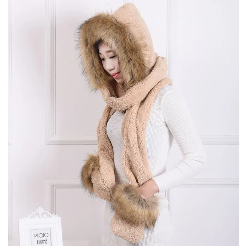 Модная женская шапка с капюшоном из искусственного меха ушками и длинным шарфом