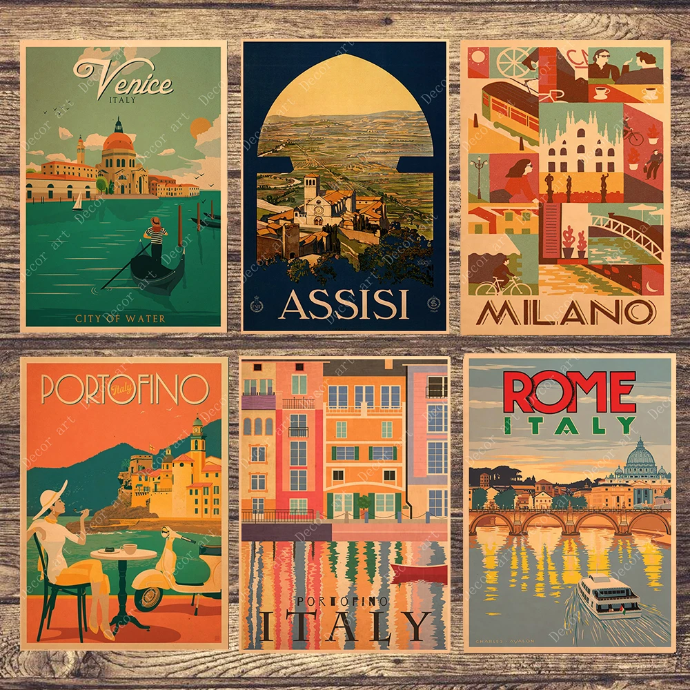 

Retro Travel to Italy Roma Canvas Painting Vintage Wall Pictures Kraft Posters Coated Wall Stickers Home Decoration Gift