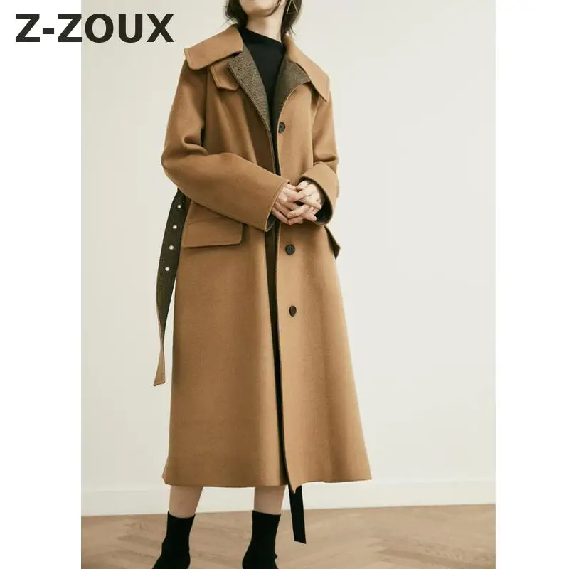 Beste Z ZOUX Vrouwen Jas Enkele Breasted Wollen Jas Vrouwen Kaki Lace up Lange Mouw Wollen Overjas Alle Match Losse Split Dames jassen