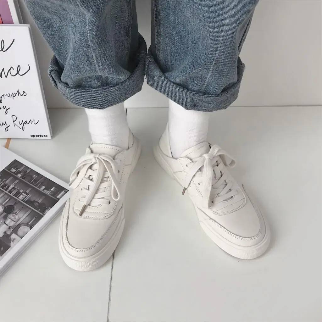 

Adisputent Female Front Strap White Korean Casual Versatile Breathable Flat Student Board Shoes Spring New Low Help Round Head