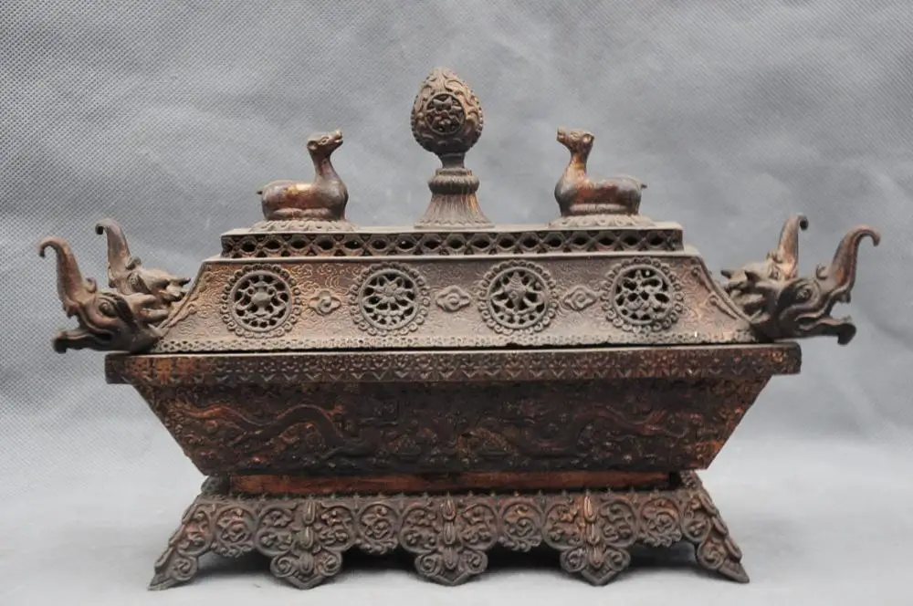 

SS 11" China Tibet Bronze Ritual Incense Burner Censer Carved Dragon And Sheep