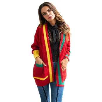 

Autumn Women's Sweater Colorful Patchwork Christmas Cardigans V-Neck Warm Knitted Cardigans 2019 Female Street Sweater Tops