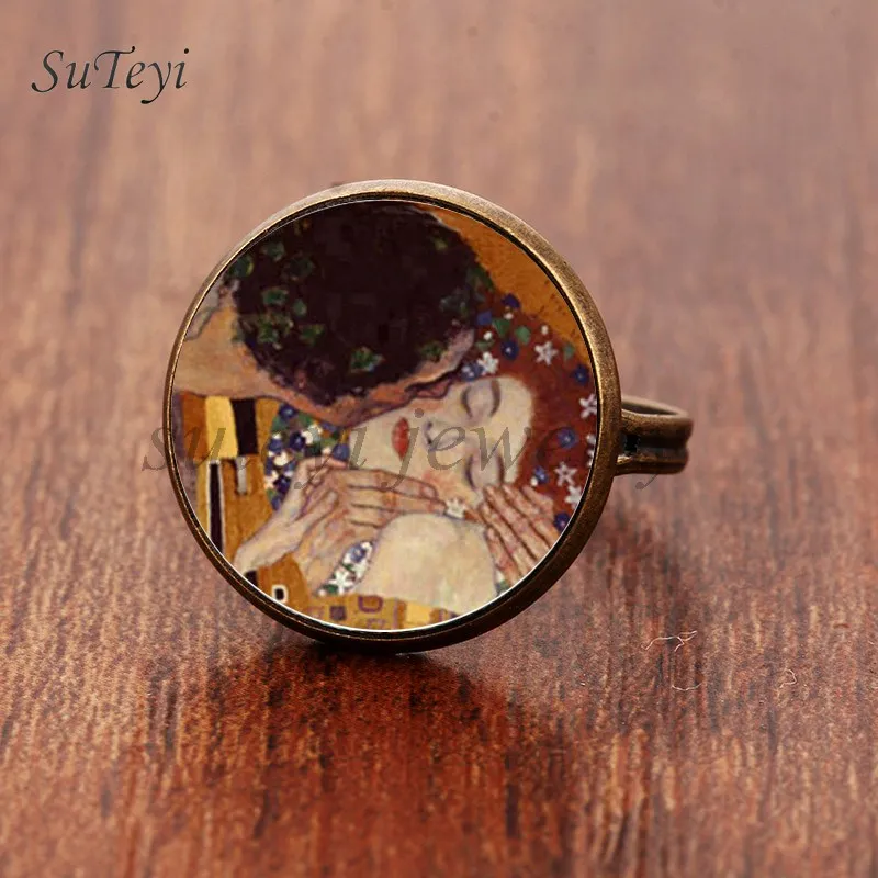 Suteyi, модные Камея Kiss Klimt из стекла, художественное кольцо для фото, ювелирные изделия ручной работы, регулируемый размер, кольца, подарки для девочек - Цвет основного камня: bronze