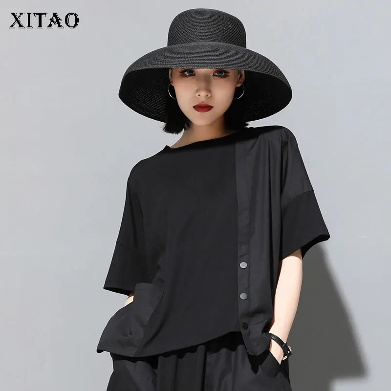 

[XITAO] Women 2019 Summer New Korea Fahsion O-neck Short Sleeve Loose Tee Female Patchwork Button Pocket Loose T-shirt WLD1074