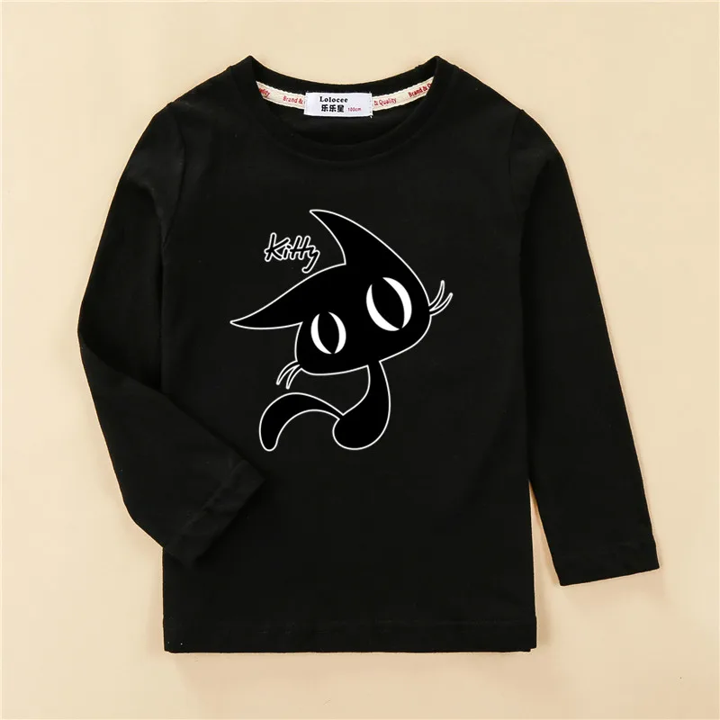 Футболки с принтом котенка; футболка для девочек; Модная одежда с длинными рукавами; топы для маленьких девочек с милым рисунком кота; детская футболка из чистого хлопка - Цвет: Black1