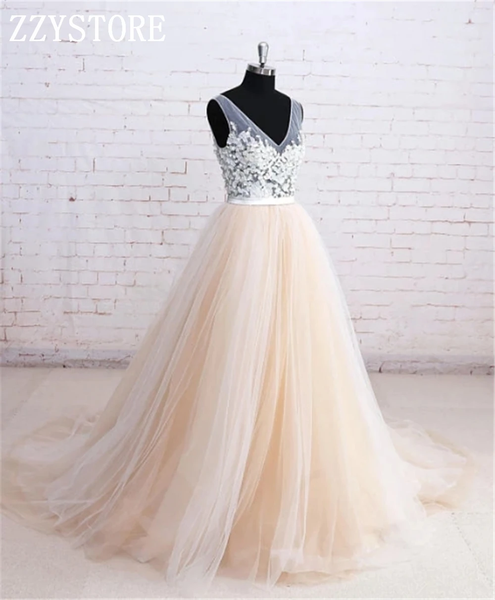 

Spaghetti Straps Ball Gown Appliques Flower Sash vestido de novia corto Deep V-neck Champange Court Train luxury wedding dresses