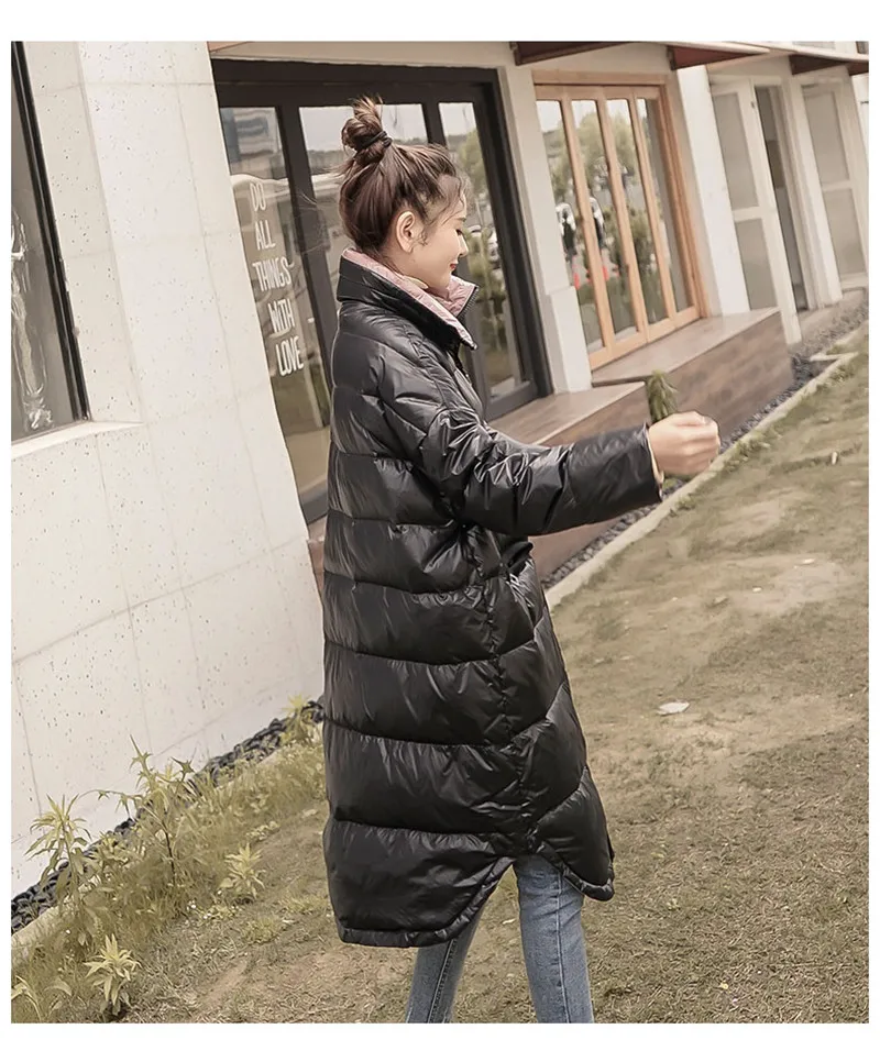 Зимний пуховик женский длинный участок свободный корейский модный белый пуховик 2019 Новый Яркий лицо v846