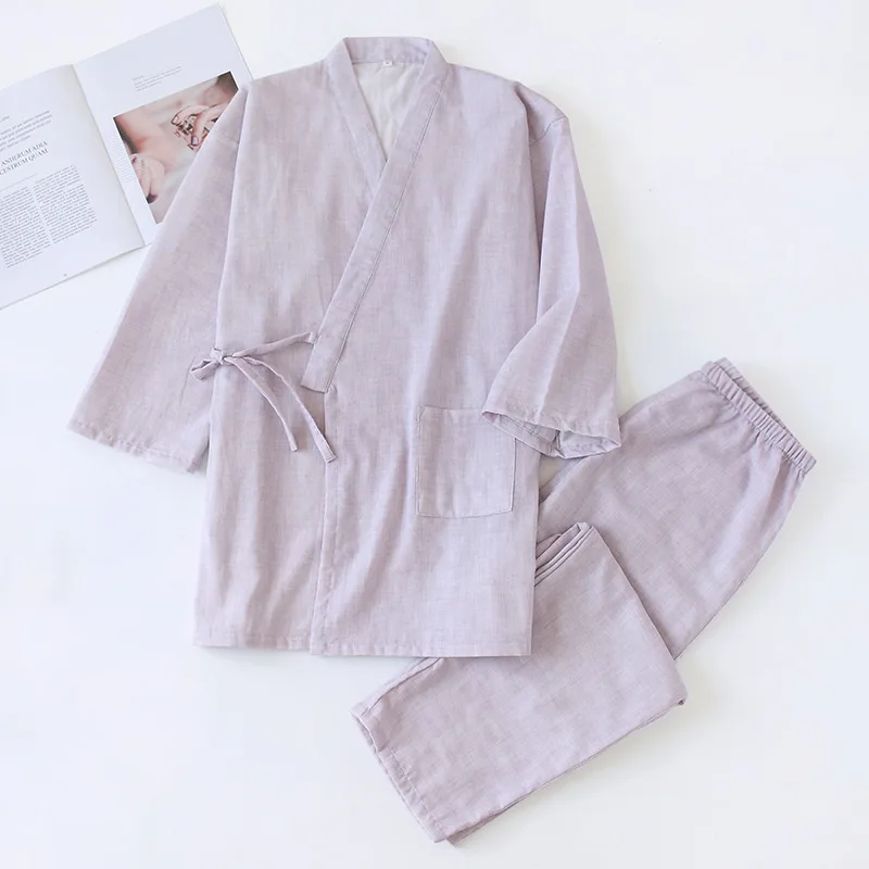 Однотонный японский домашний комплект кимоно из хлопка для пар, мужские и женские пижамы с v-образным вырезом, Весенняя тонкая Пижама, одежда для сна