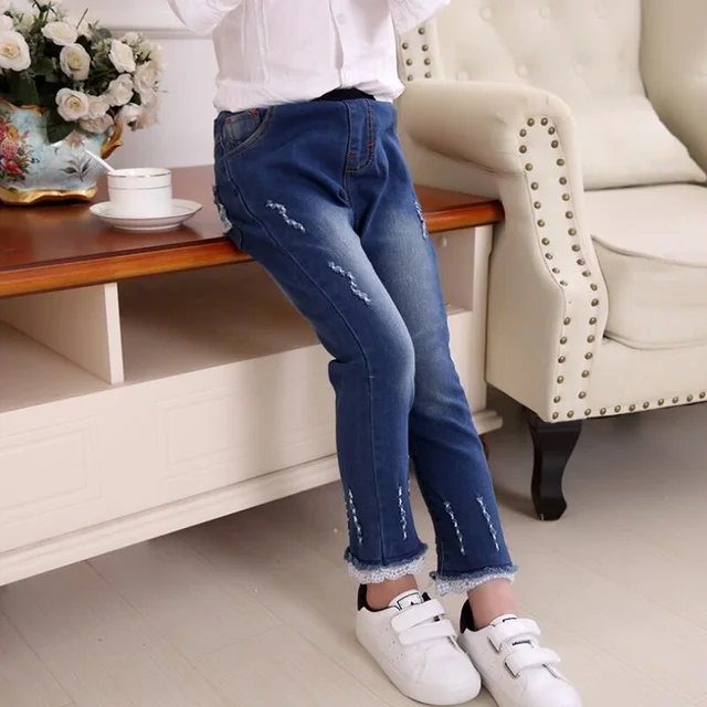 3 14 Years 2017 Autumn Baby Teenage Girls Denim Pants Elastic Waist Floral Print Lace Baby Kids