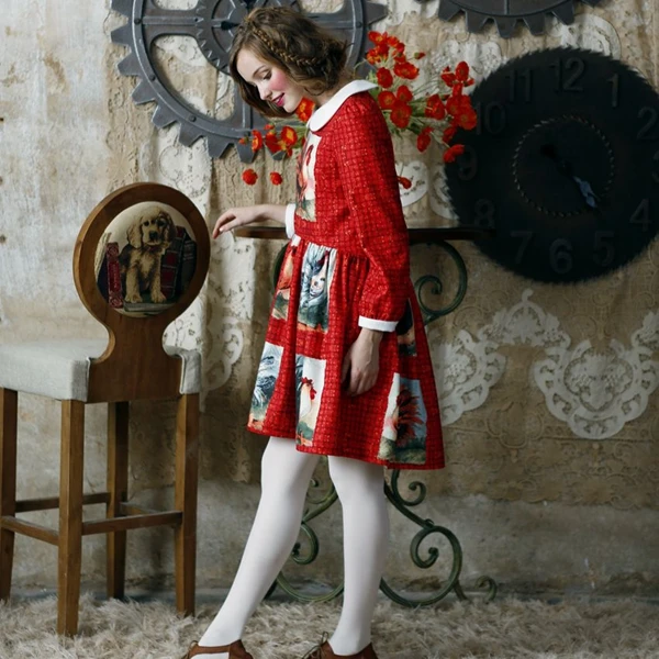 

LYNETTE'S CHINOISERIE Autumn Spring Original Design Women Vintage Big Cock Print Cloak Style Peter Pan Collar Slim Cute Dress