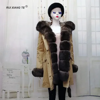 Günstig Neue Marke Frauen Echt Pelzmantel Parka Mit Kapuze Natürliche Fuchs Pelz Kragen Lange Winter Rex Kaninchen Pelz Mantel Futter Demontieren Pelzmantel