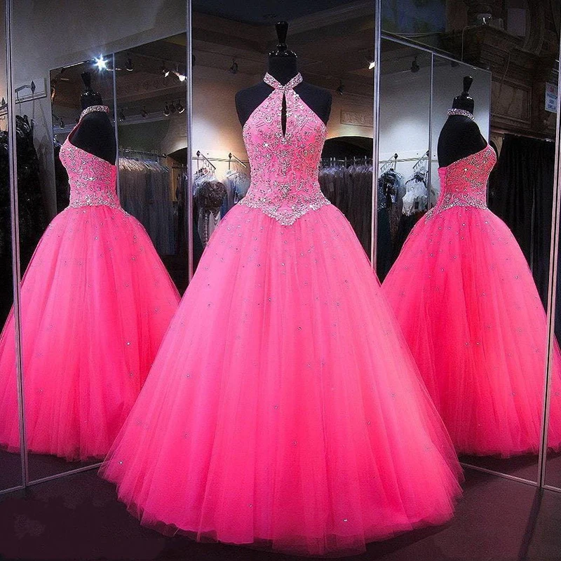 Фуксия Холтер бальные платья 2019 идеально Розовый Пышное длинное платье на Выпускной платья с фатиновой длиной до пола кристаллы вечернее
