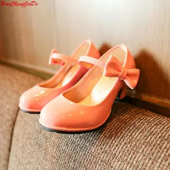 

2018 Girls PU Leather Shoes Fashion Party Dancing Shoes For Medium Kids With High Heel Princess Children Single Shoes