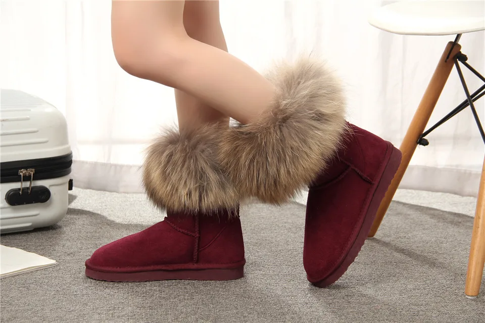 MBR FORCE Fashion Women's Natural Real fox Fur Snow Boots Genuine Cow Leather women Boots Female Warm Winter Boots Shoes