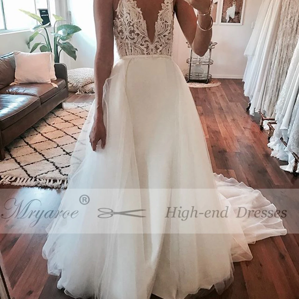 Mryarce Unique Bridal Lace Beading Open Back Overskirt Wedding Dresses Sienna Crepe Mermaid Gown With Detachable Train wedding gown