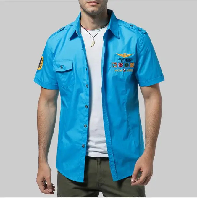Высокое качество ВВС рубашка мужская хлопок вышивка короткий рукав рубашка Летняя новая Повседневная Военная рубашка - Цвет: Sky blue