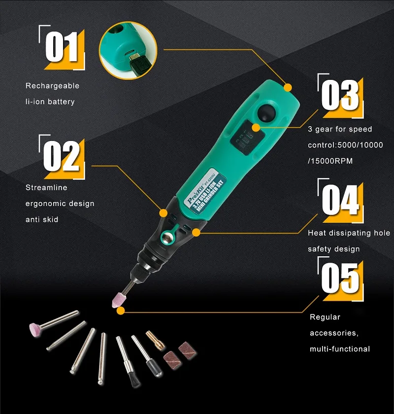 Pro'sKit PT-5205U 3,7 V usb зарядка электрическая шлифовальная машина набор литий-ионная Мини дрель шуруповерт электрическая дрель гравер для шлифовки