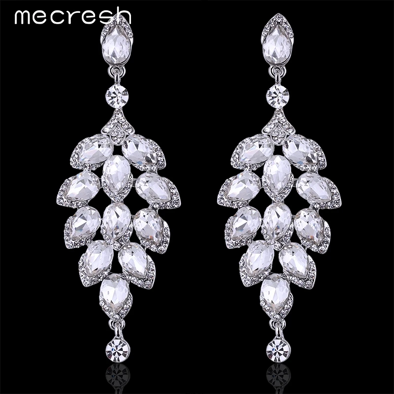 Mecresh Exclusive Tree Shape Crystal Silver Plated Dangle Long Earrings for Women Bridal Wedding Jewelry Christmas
