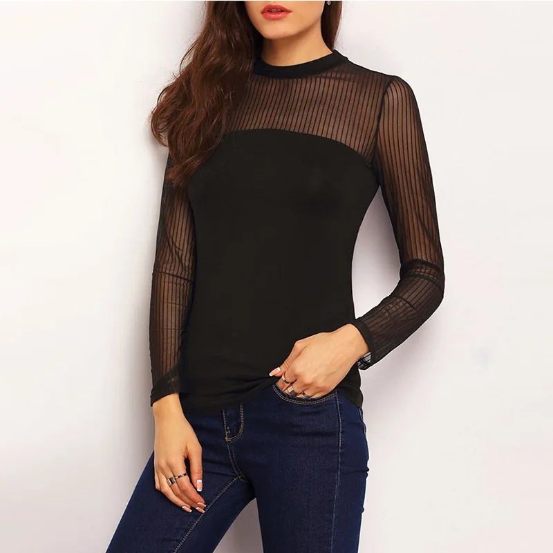 

Hollow Out Transparent Women Long Sleeve O-Neck Summer Patchwork Black Slim Tops Tees Stripe Mesh Sexy Club T-Shirts woman