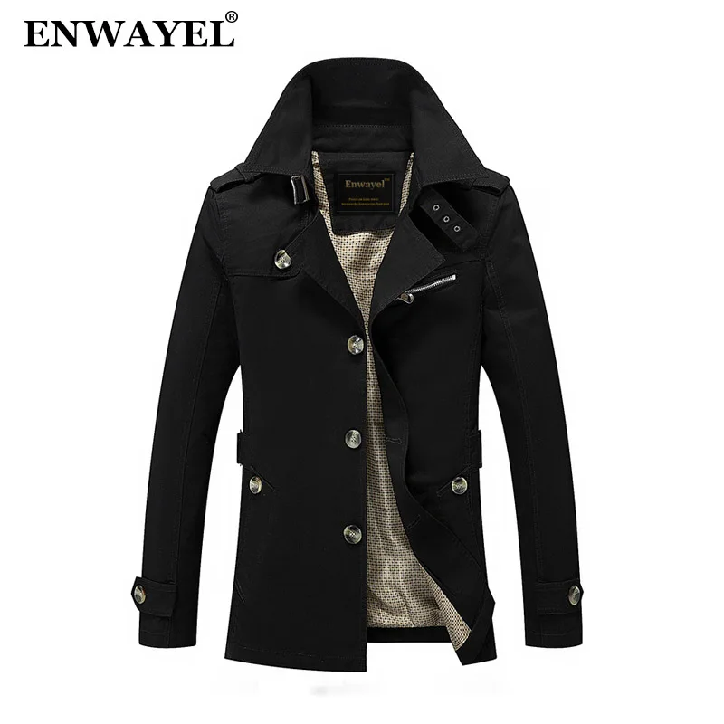

ENWAYEL Spring Autumn Jacket Men Slim Fit Trench Coat Mens Cotton Button Male Casual Outerwear Windbreaker Overcoat Jackets Coat
