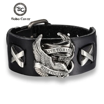 Bobo Cover Punk Style Male Rider Eagle Genuine Leather Bracelet Ride to live Charm bracelets & bangles For Men pulseira de couro