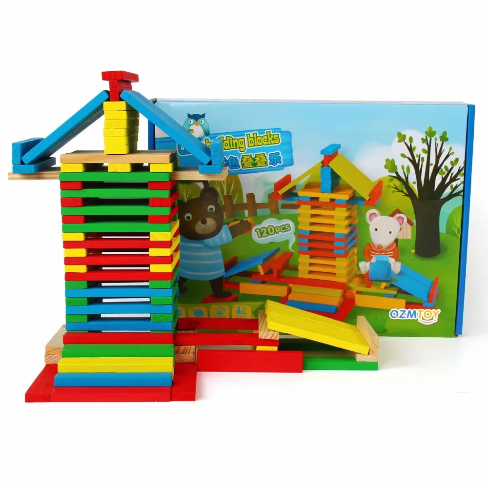 

120 pcs Children Wooden Toys Stacking Blocks Games Baby Learning Education Model Shapes Toys Rolling Stacked Tower Blocks