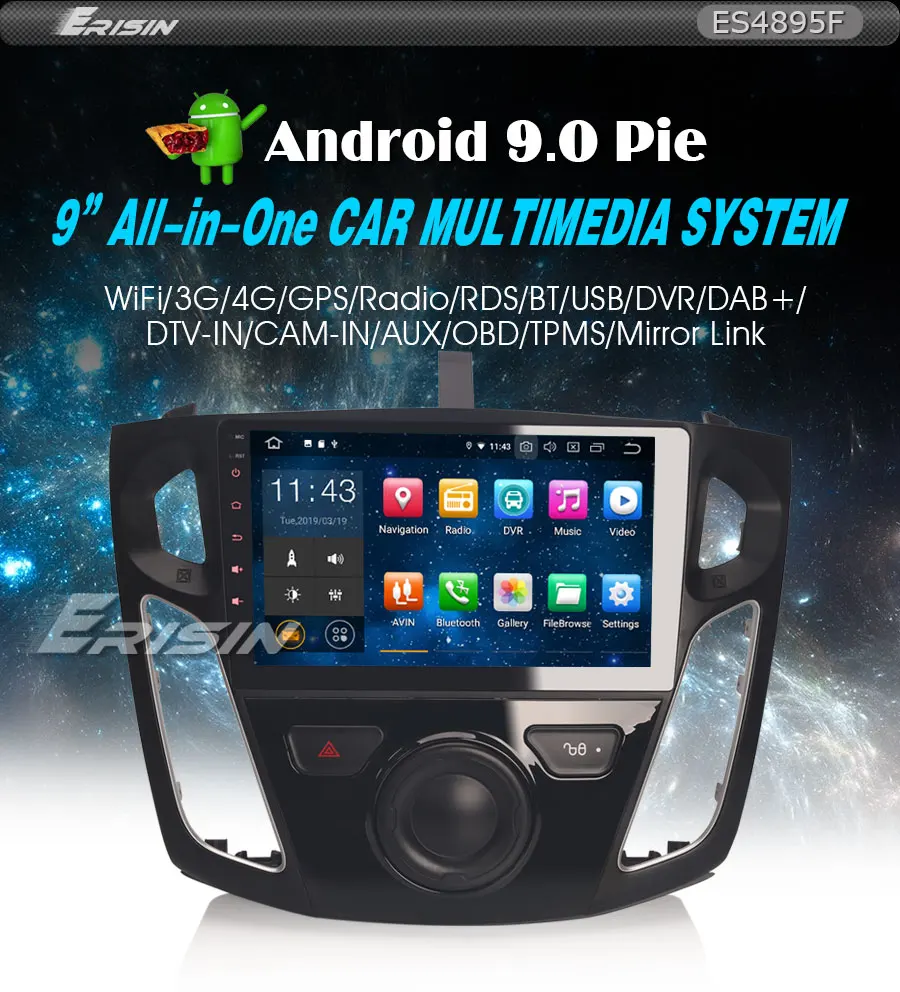 Excellent Erisin ES4895F 9" Android 9.0 Car Stereo Radio GPS SWC Canbus WiFi OBD Bluetooth for Ford Focus 0