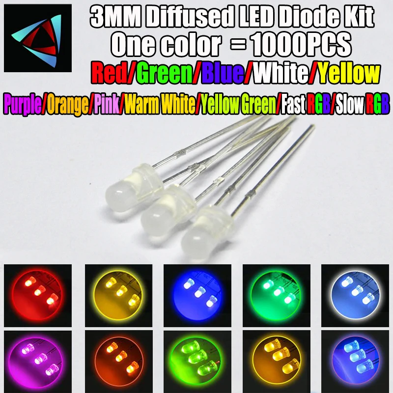 1000pcs 3mm Misty LED Diffused Kit 3 mm 3V Warm White Green Red Blue