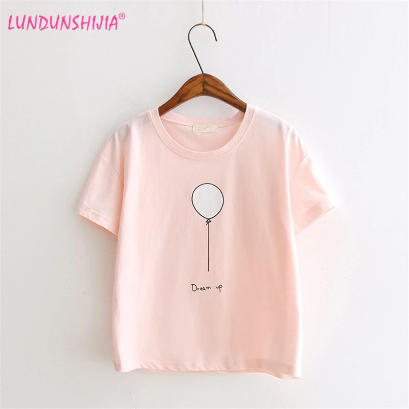 

LUNDUNSHIJIA New 2017 Summer T-shirts Women Style Thin Short Sleeve Girl T-shirt Lovely Balloon Printed Top Tees Shirt 8888