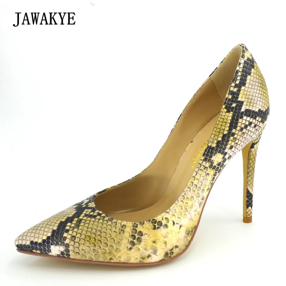 

JAWAKYE Snake Printed Genuine Leather Women Pumps Sexy Pointed Toe 100 mm High Heels Shoes Women Stilettos Wedding Shoes Woman