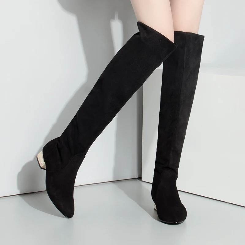ANNYMOLI/женские ботфорты зимняя обувь на низком каблуке новые высокие сапоги до бедра серые высокие ботинки на толстом каблуке Осенние Размеры 3-10,5 10
