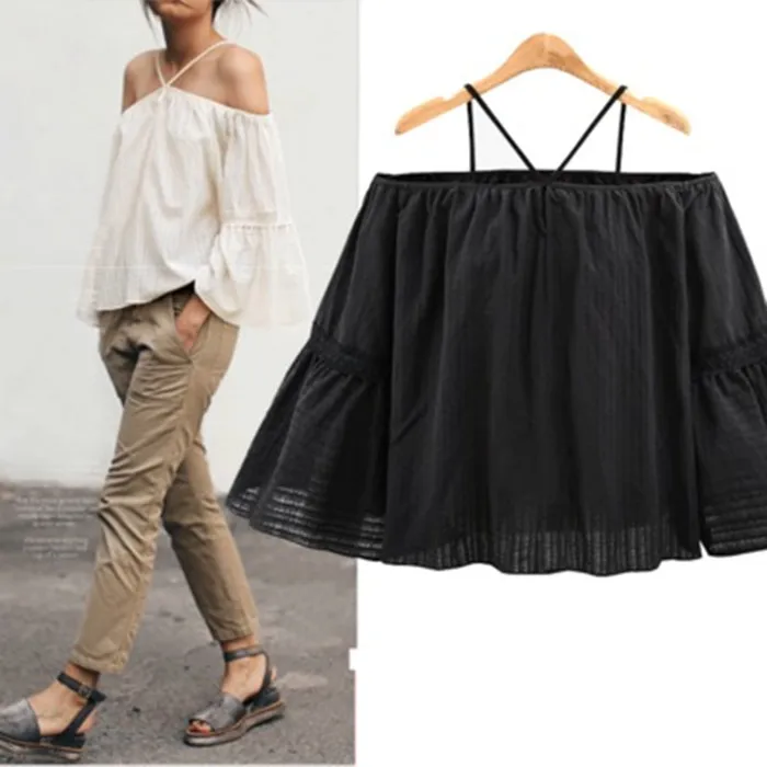 

Solid Color One Shoulder Horn Sleeve Cotton Shirt Loose Fashion Vest 2019 European and American Summer Large-size Women's Wear