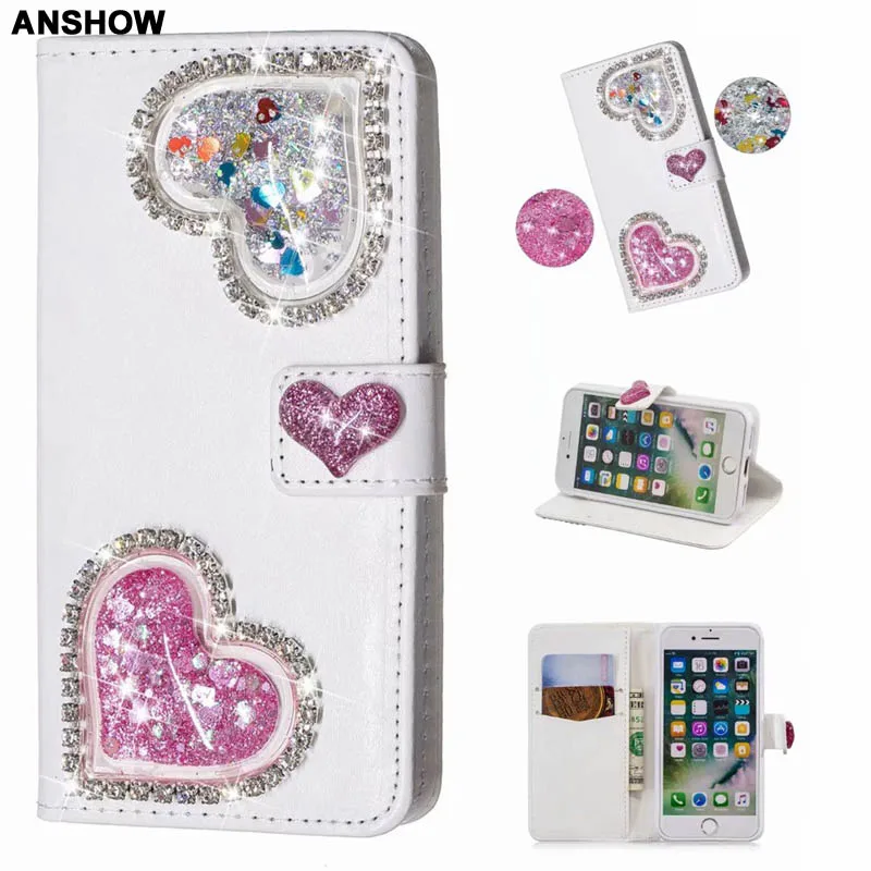 Для iphone XR XS MAX X 10 8 7 6 SE 5 3D Bling Diamond Heart кожаный бумажник чехол для сыпучий песок с